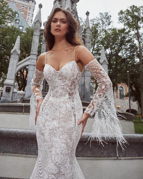 124106 fitted sexy wedding dress with bell sleeves and sweetheart neckline1